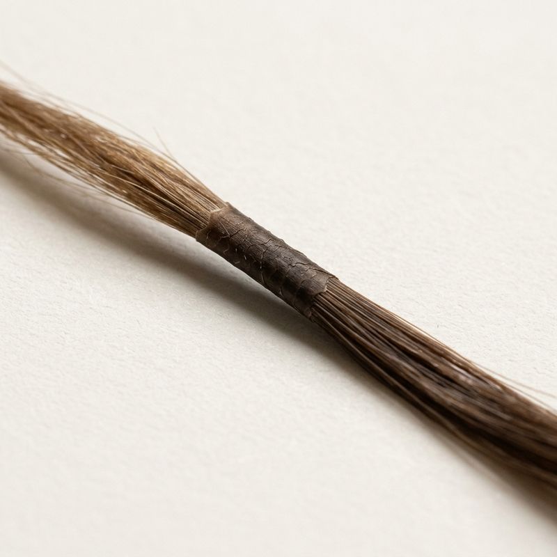 Mecha de cabelo mostrando a diferença de densidade entre a raiz recém-colorida, a faixa de retoques anteriores e o comprimento, sobre fundo neutro
