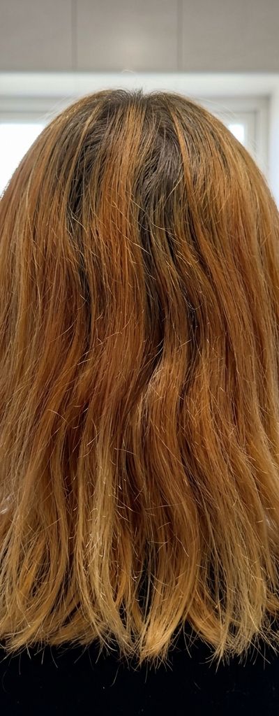 Uneven brassy orange hair after home bleaching, seen from behind in a bathroom