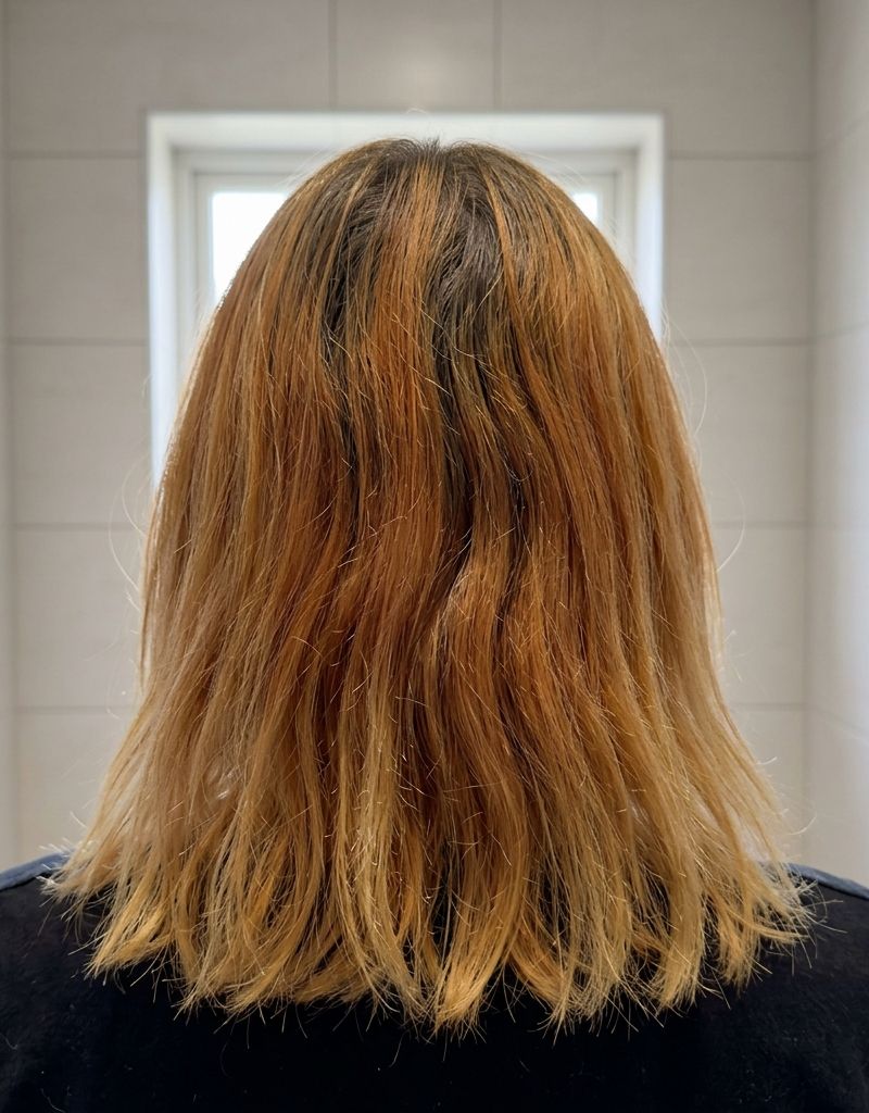 Uneven brassy orange hair after home bleaching, seen from behind in a bathroom
