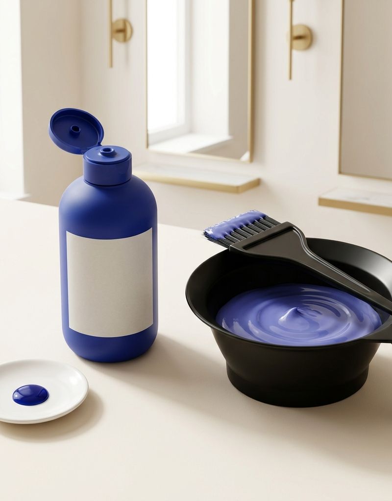 Blue shampoo bottle next to a salon bowl of professional toner with a color brush
