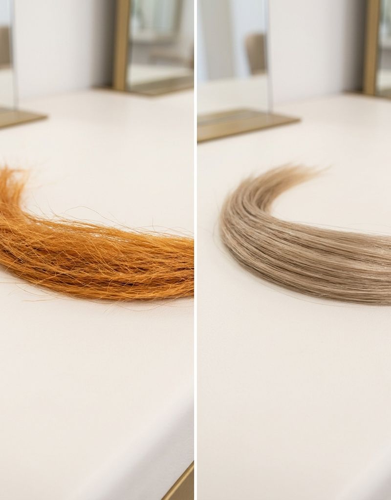 Side-by-side comparison of a brassy orange hair swatch and the same swatch as a neutral beige blonde after professional toning
