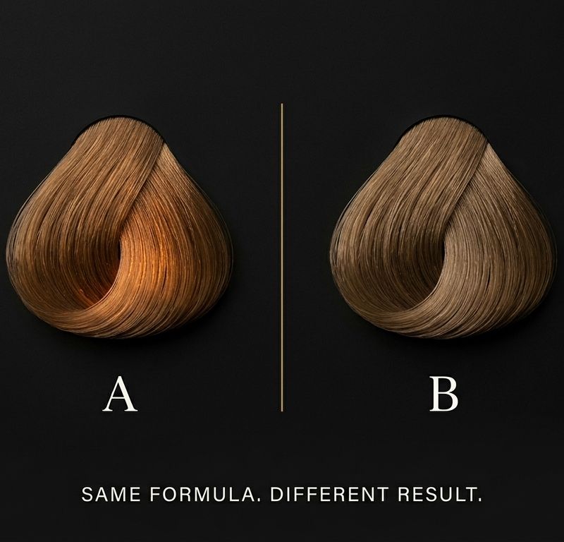 Diagrama conceptual A vs B mostrando pigmento residual cálido en corteza capilar con fondo negro y paleta dorada-naranja