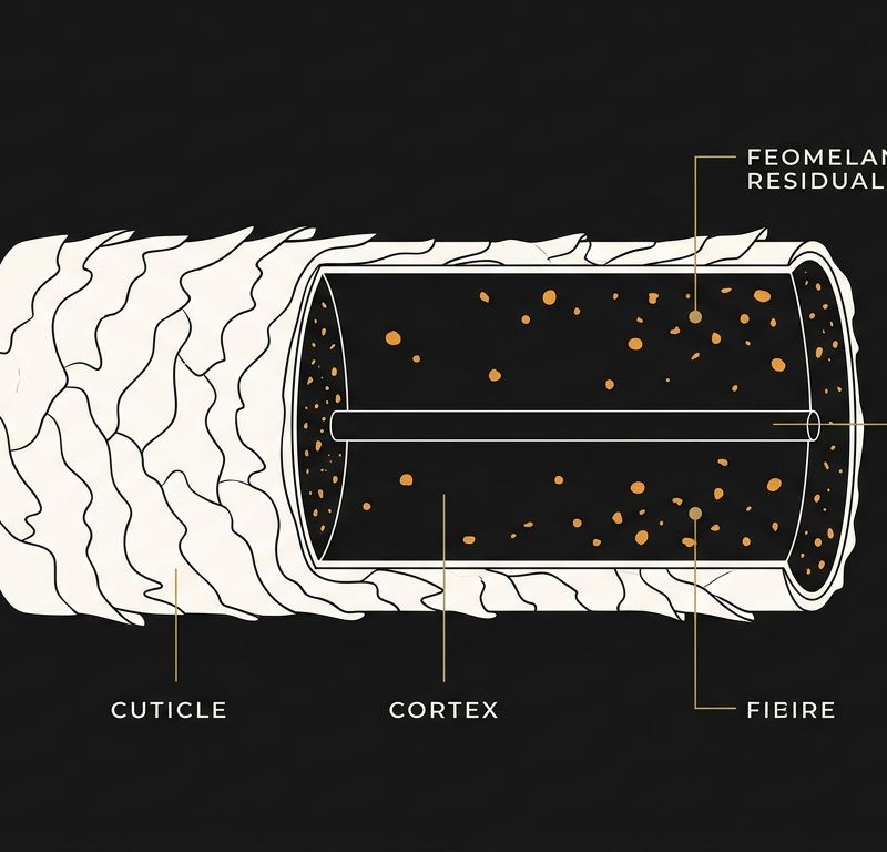 Sección transversal de cutícula capilar mostrando pigmento residual cálido en corteza tras decoloración parcial