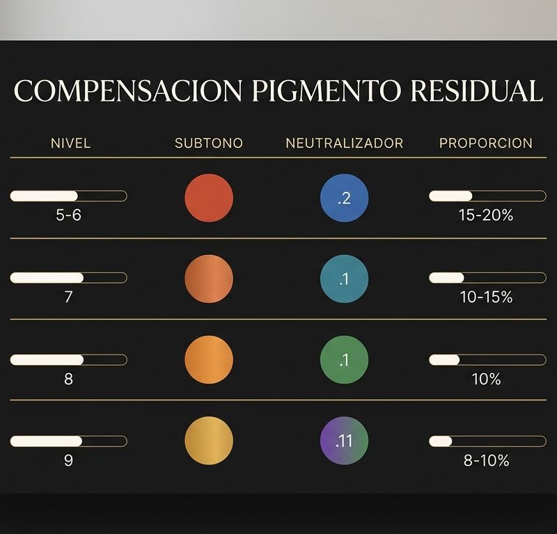 Tabla de compensación de pigmento residual: neutralizadores .1 y .2 por nivel de base y porcentaje estimado de residuo cálido