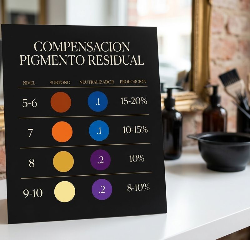 Tabla de compensación de pigmento residual: neutralizadores .1 y .2 por nivel de base y porcentaje estimado de residuo cálido