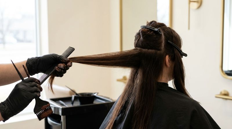 Una mano con guante negro sostiene sobre un peine una sección larga de pelo castaño natural mientras la otra sujeta una brocha con crema de color, en un salón con luz de ventana