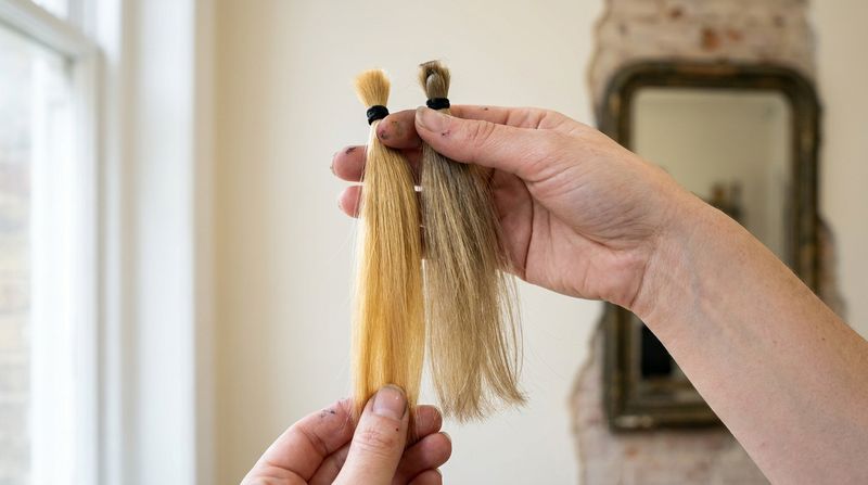 Manos de colorista comparando dos mechones de cabello bajo luz natural de ventana, uno junto al otro sobre la mesa de trabajo del salón