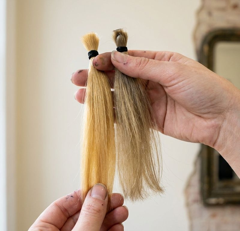 Colorist's hands comparing two hair swatches under natural window light, side by side on the salon workstation