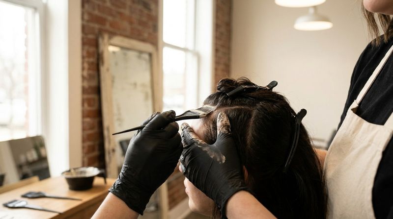 Colorista aplicando gloss de corrección solo en la zona frontal de la melena, con el resto del cabello recogido con pinzas, en un salón con luz natural