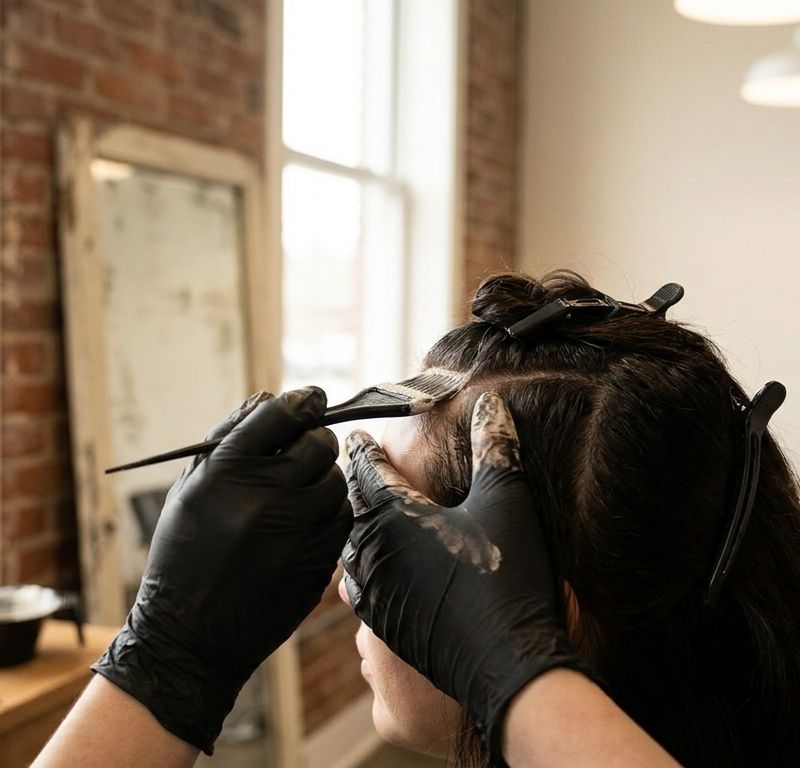 Colorist applying corrective gloss with a fine brush only to the front hairline section, with the rest of the hair clipped up, natural light in the salon
