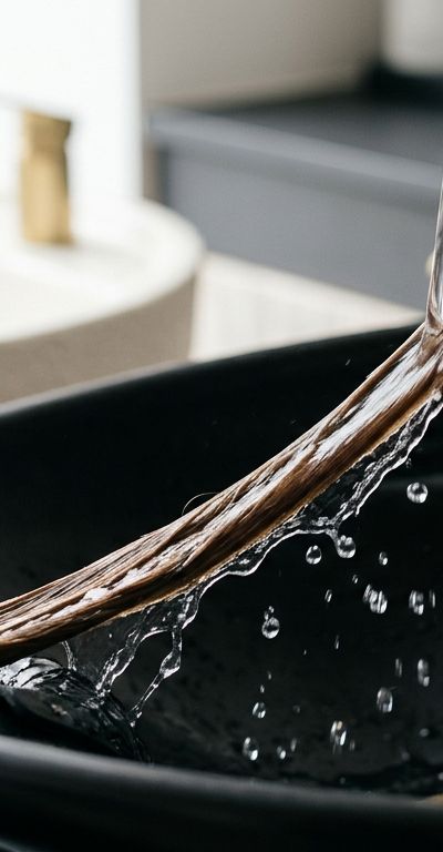 Mechón de cabello castaño bajo el agua de enjuague en un lavabo de salón profesional