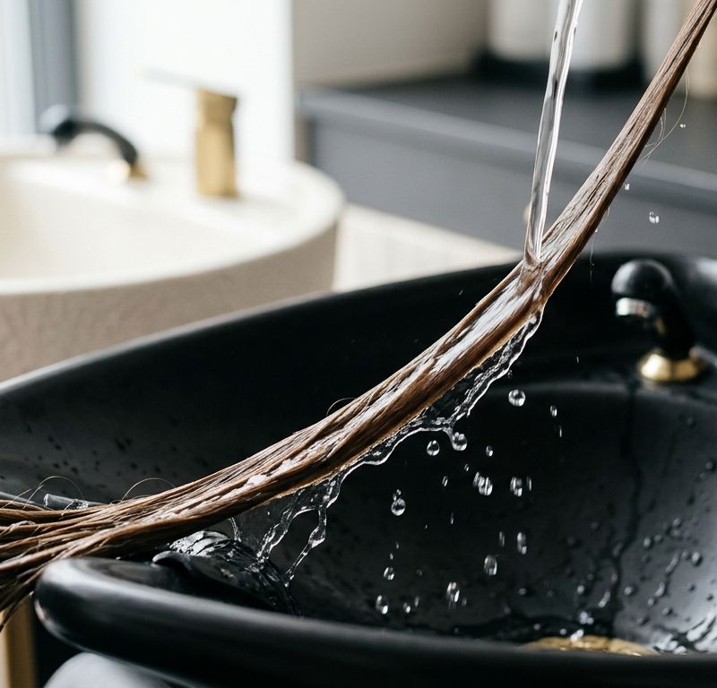 Mechón de cabello castaño bajo el agua de enjuague en un lavabo de salón profesional