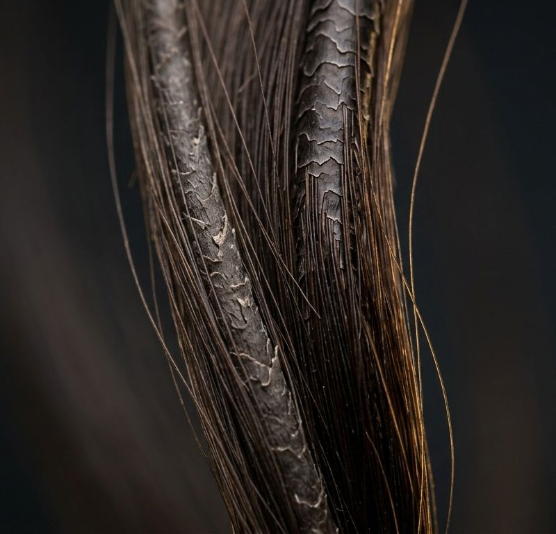 Macro de un mechón de cabello con la cutícula dañada y el pigmento reducido