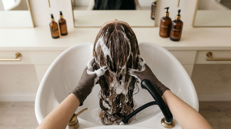 Clarifying shampoo wash at a professional salon basin