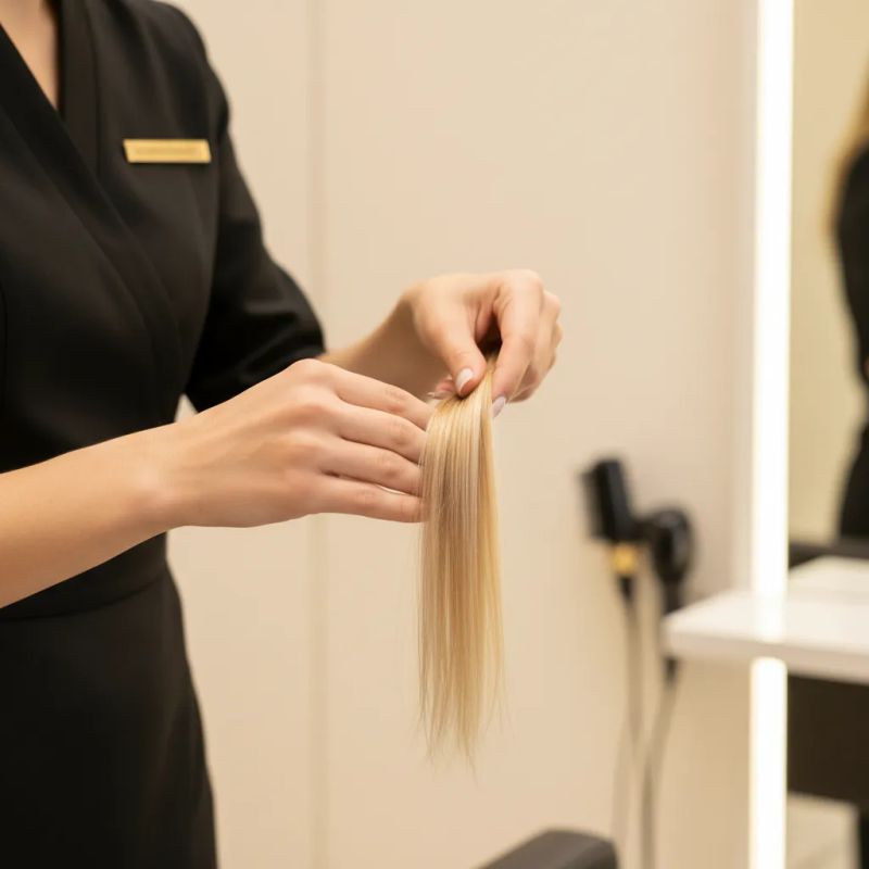 Colorista profissional realizando teste de porosidade tátil em uma mecha de cabelo