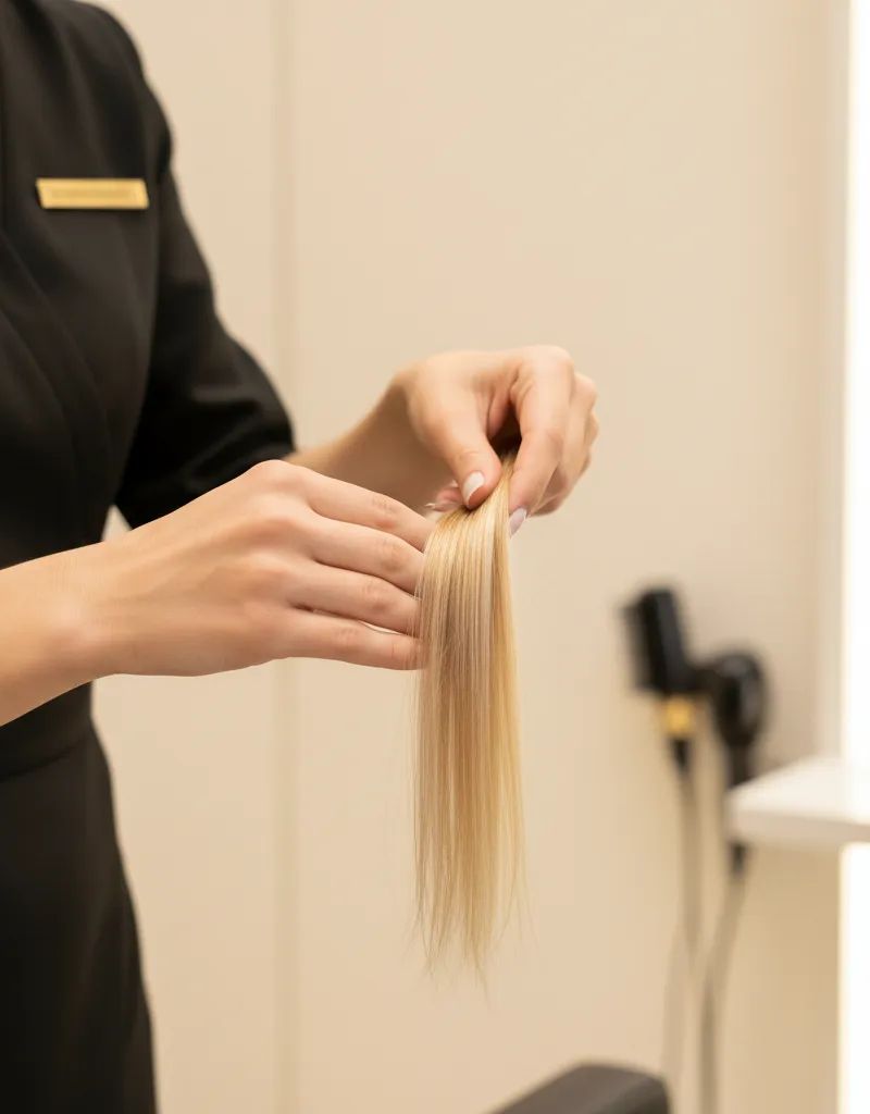 Colorista profesional realizando test de porosidad táctil en un mechón de cabello