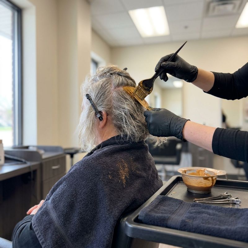 Colorista aplicando pré-pigmentação em tom quente com pincel sobre seções de cabelo muito grisalho, cliente de costas em cabine de salão