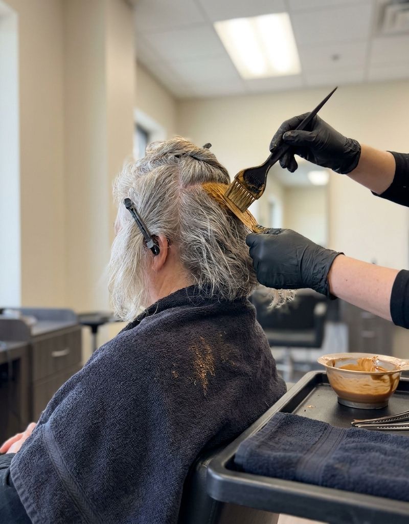 Colorista aplicando pre-pigmentación de tono cálido con paletina sobre secciones de cabello muy canoso, clienta de espaldas en cabina de salón