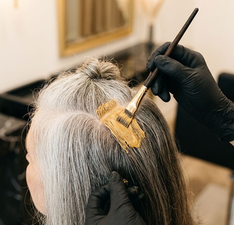 Colorist applying warm pre-pigmentation formula to gray hair sections in a professional salon