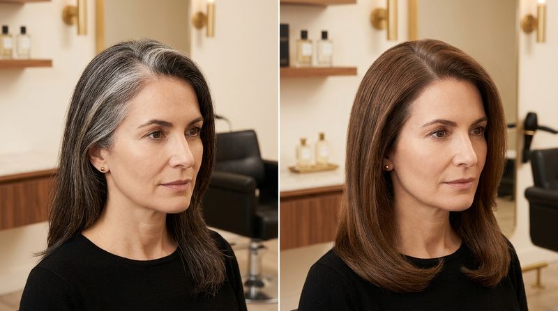 Mecha de cabelo grisalho antes e depois da pré-pigmentação mostrando os tons quentes preenchendo a fibra