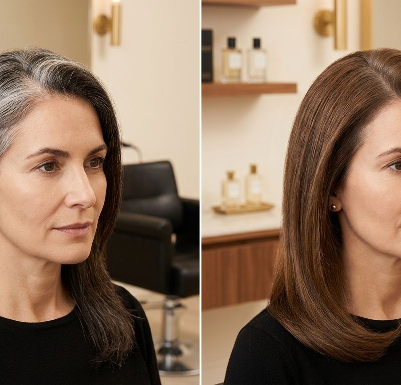 Gray hair strand before and after pre-pigmentation showing warm copper-gold tones filling the cortex