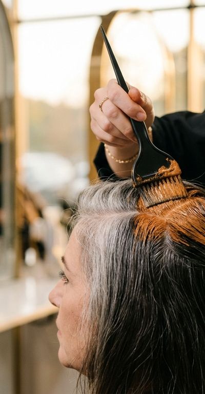 Professional colorist applying warm pre-pigmentation on gray-resistant hair before the color process