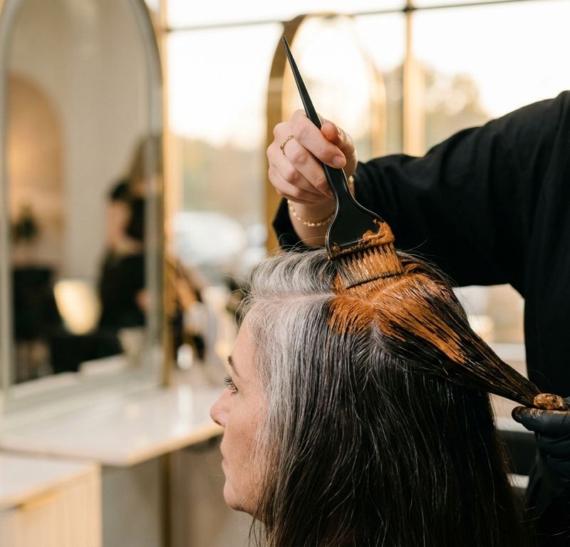 Professional colorist applying warm pre-pigmentation on gray-resistant hair before the color process