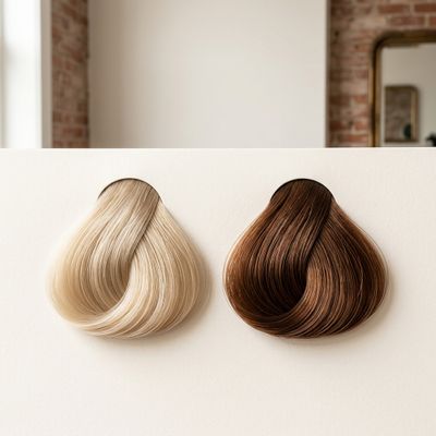 Mecha de cabelo loiro clareado ao lado de sua versão reescurecida para castanho quente após pré-pigmentar