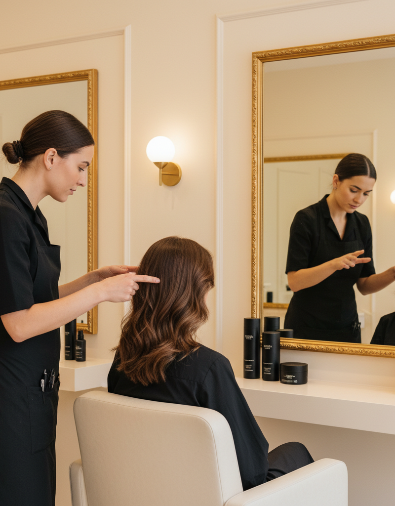 Colorista profesional explicando el proceso de color a clienta, transmitiendo percepcion de valor