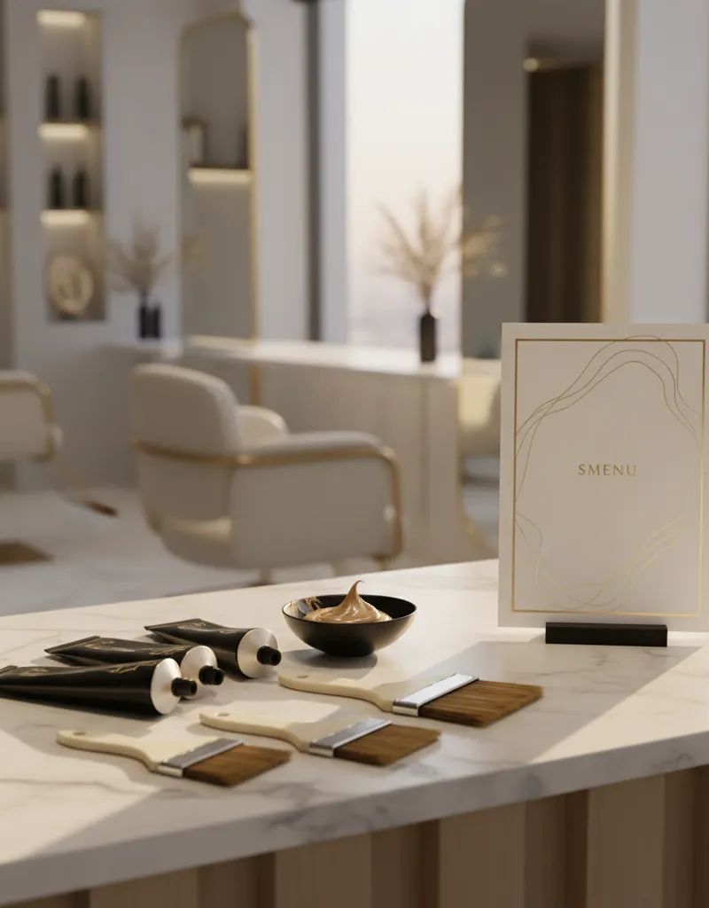 Elegant hair color service menu presented in a professional salon setting