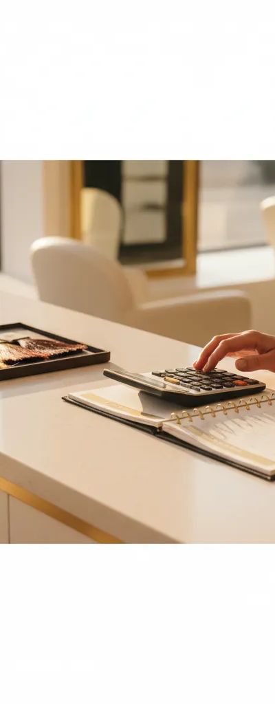 Calculadora y tabla de precios en estacion de trabajo de salon de coloracion profesional