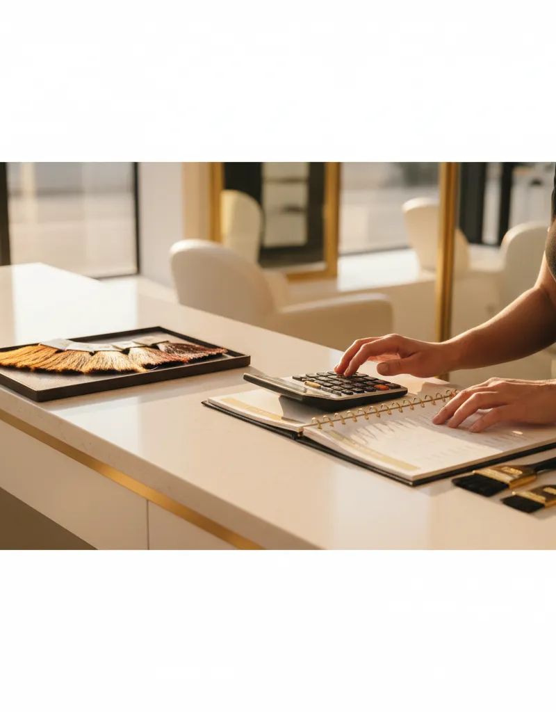 Calculator and price list at a professional hair color salon workstation