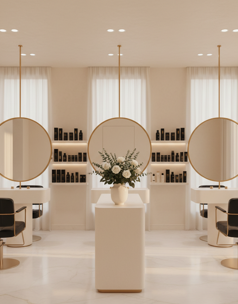 Salon de coloracion premium con ambiente quiet luxury y estacion de trabajo profesional