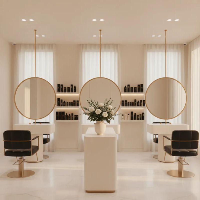 Salon de coloracion premium con ambiente quiet luxury y estacion de trabajo profesional