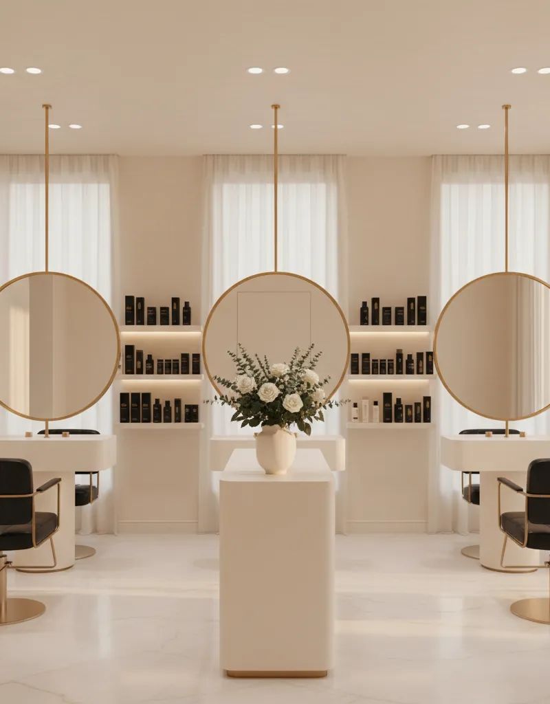 Premium hair color salon with quiet luxury atmosphere and professional workstation