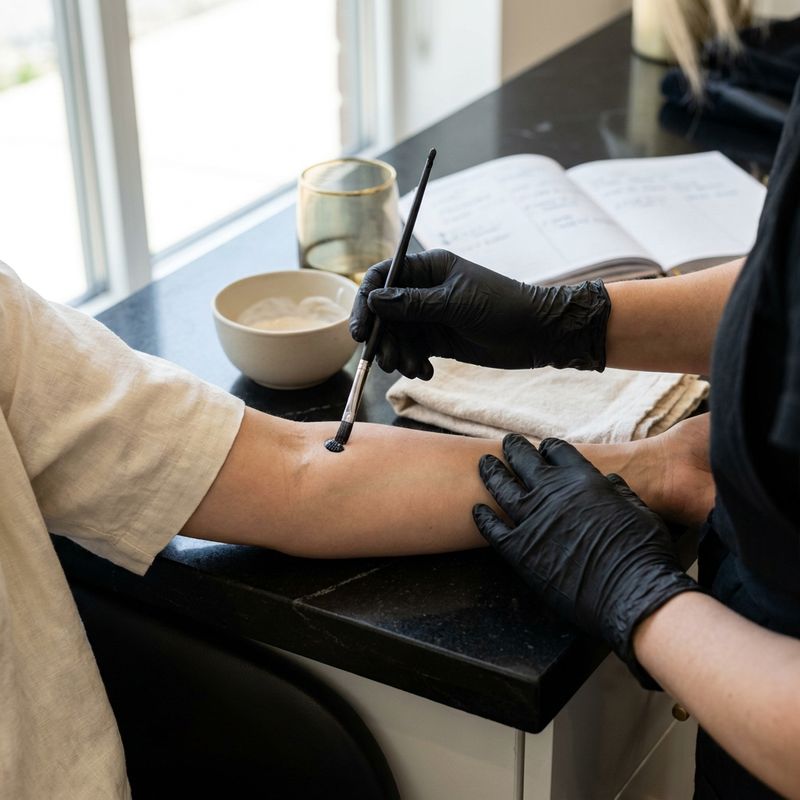 Gloved hands applying a dot of mixed product at the crook of the elbow in the salon consultation area