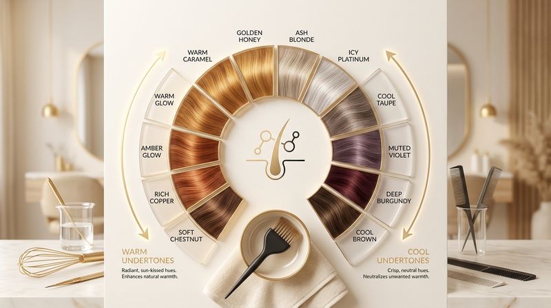 Color wheel showing warm and cool undertones with hair color swatches: golden honey caramel tones on the warm side, ash platinum burgundy on the cool side