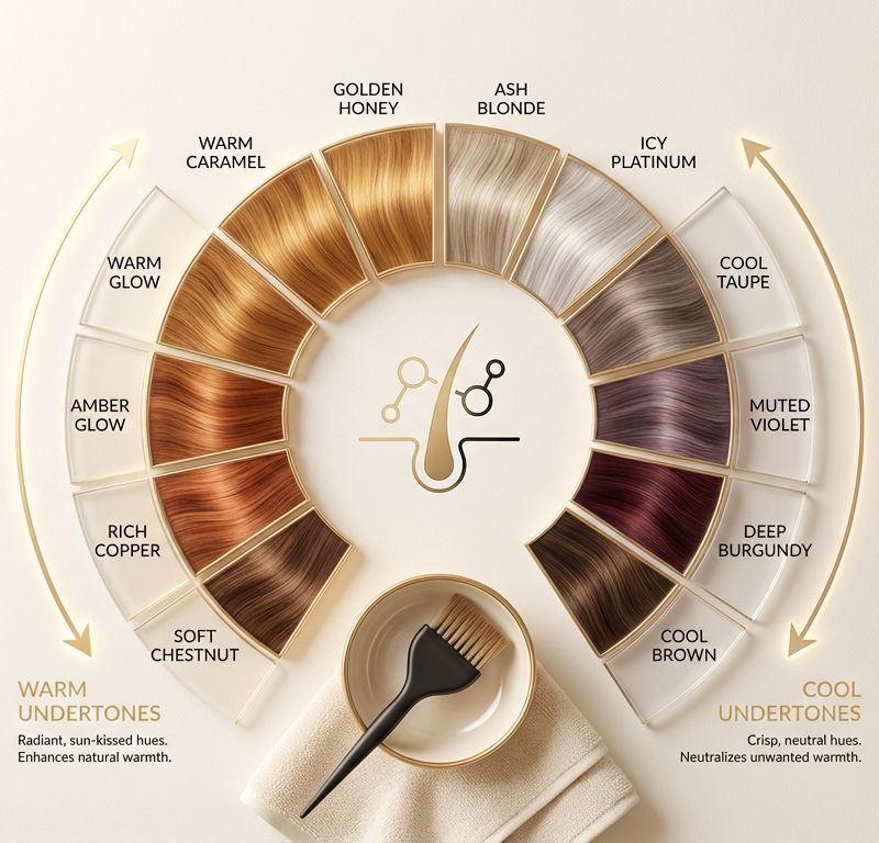 Rueda de color mostrando subtonos cálidos y fríos con muestras de colores de pelo: dorado y miel a la izquierda, ceniza y platino a la derecha