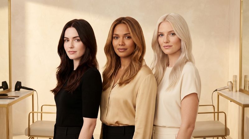 Three women in a studio setting showing contrast levels: high contrast with fair skin and dark hair, medium contrast with similar tones, and low contrast with uniformly light or dark tones
