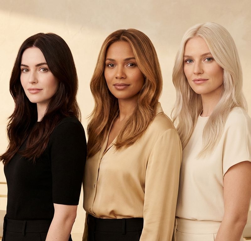 Tres mujeres en estudio mostrando niveles de contraste: contraste alto con piel clara y pelo oscuro, contraste medio con tonos similares, y contraste bajo con tonos uniformemente claros u oscuros