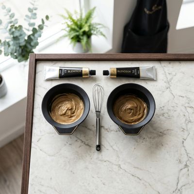 Duas tigelas de tinta profissional com tons de altura diferente prontas para misturar sobre a mesa de trabalho