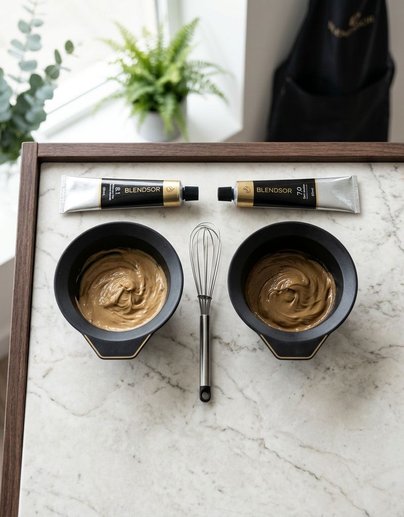 Dos boles de tinte profesional con tonos de distinta altura listos para mezclar sobre mesa de trabajo