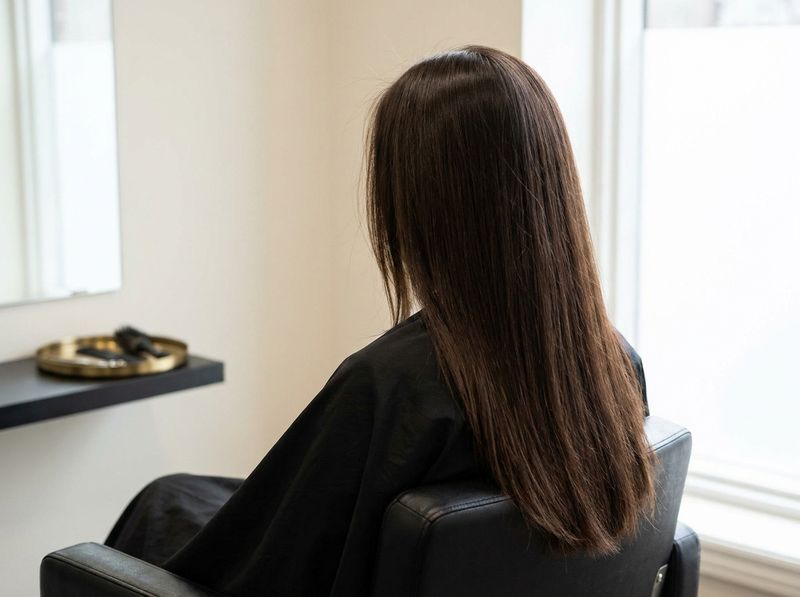 Persona de espaldas con una melena larga de castaño chocolate profundo y uniforme, sentada en un sillón negro junto a una ventana