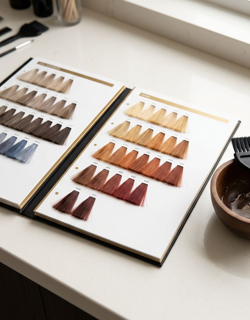Dos cartas de color profesionales abiertas lado a lado sobre un mostrador de salón, cada una por su página de reflejos, junto a un bol de mezcla y un pincel