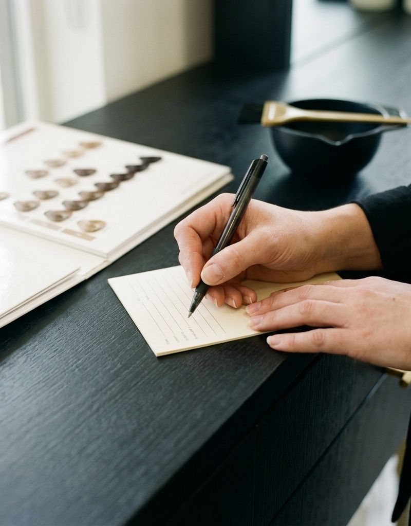 Manos de una persona profesional anotando una fórmula en la ficha del cliente, junto a una carta de color abierta sobre el mostrador