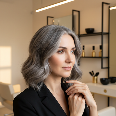 Cabelo com técnica Quiet Silver mostrando transição natural entre cabelos brancos e cor