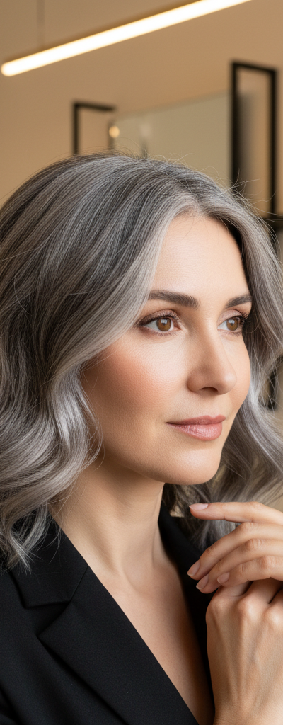 Cabello con tecnica Quiet Silver mostrando transicion natural entre canas y color