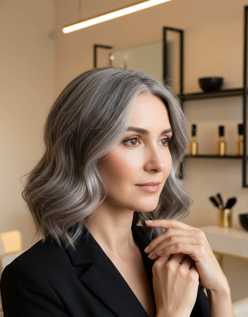 Cabello con tecnica Quiet Silver mostrando transicion natural entre canas y color