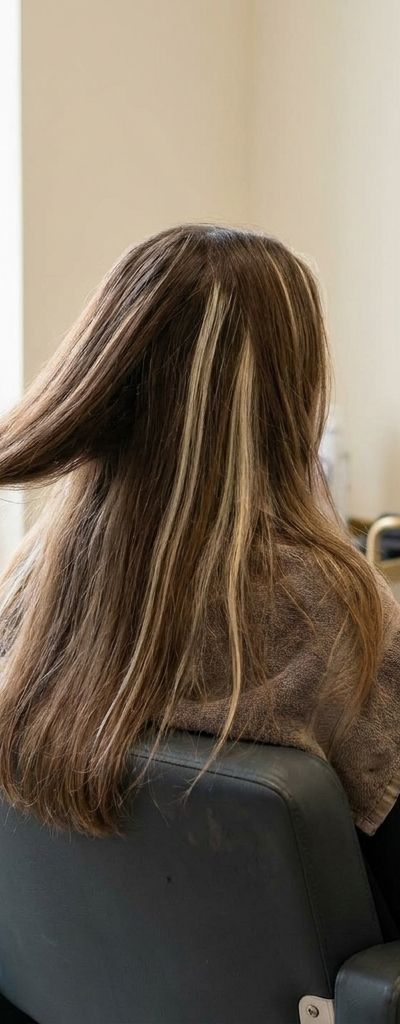 Grown-out highlights sectioned against natural base hair over the back of a salon chair
