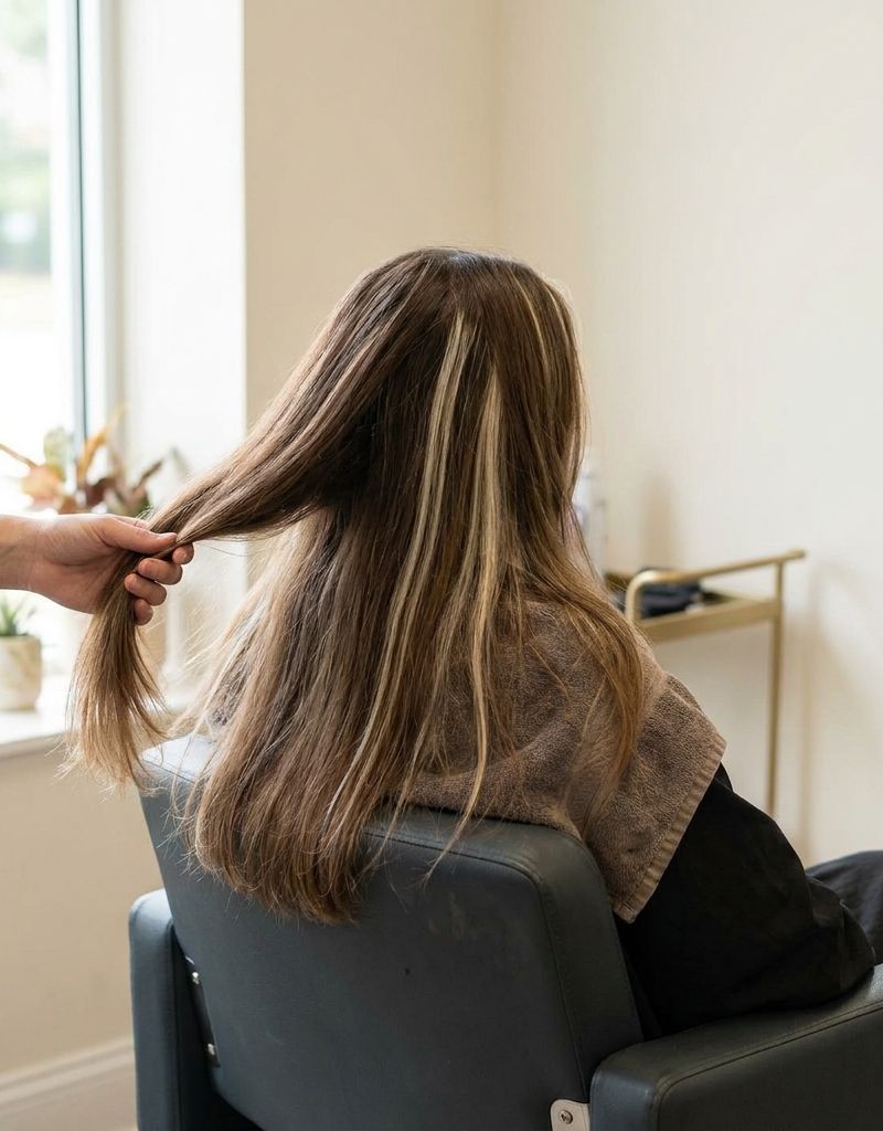 Melena con mechas antiguas crecidas sobre base natural, seccionada sobre el respaldo del sillón de un salón